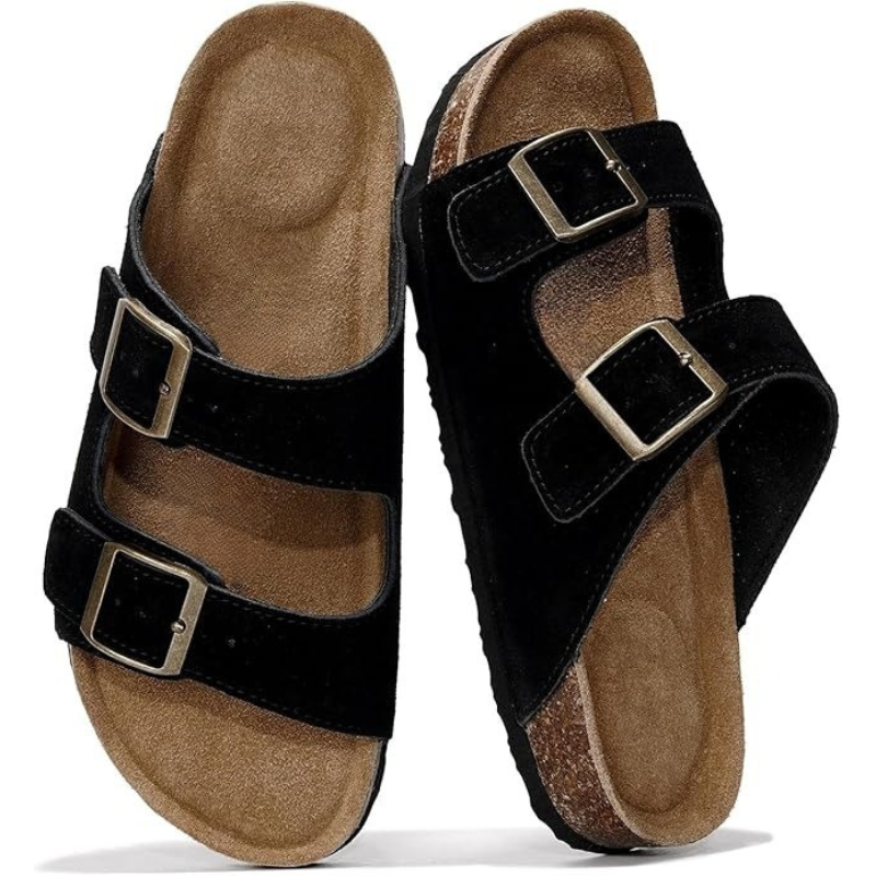 Leather Flat Sandals With Adjustable Straps And Cushioned Footbed