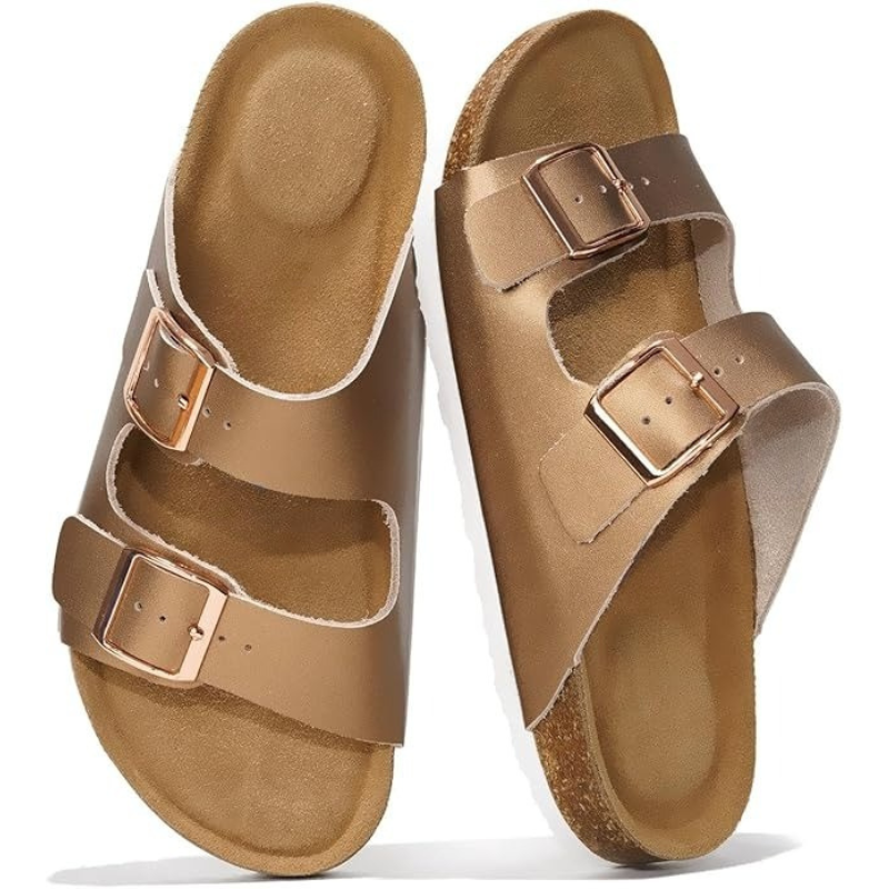 Leather Flat Sandals With Adjustable Straps And Cushioned Footbed