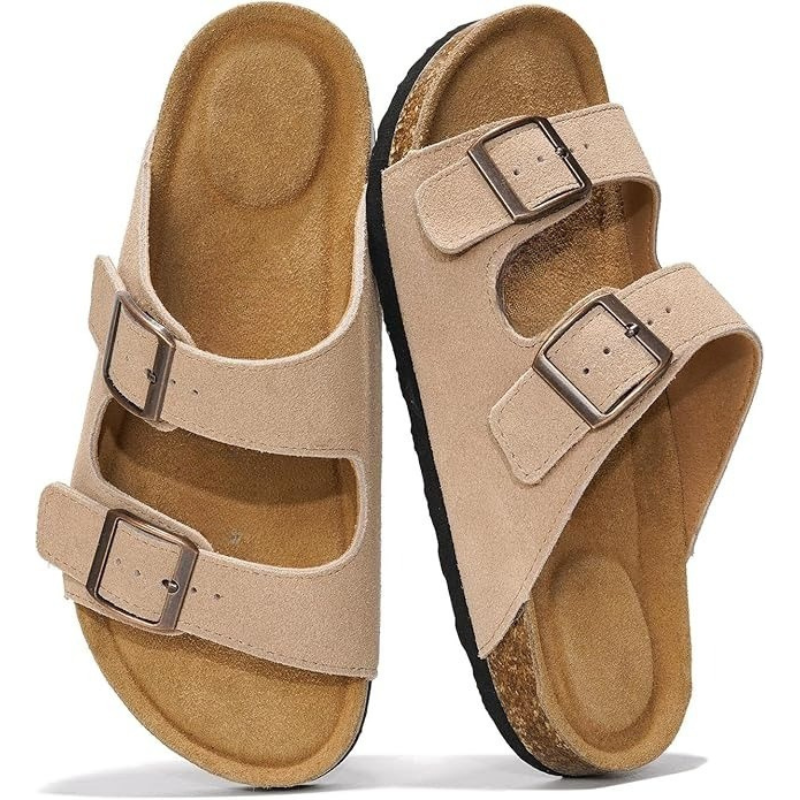 Leather Flat Sandals With Adjustable Buckle Straps And Textured Sole
