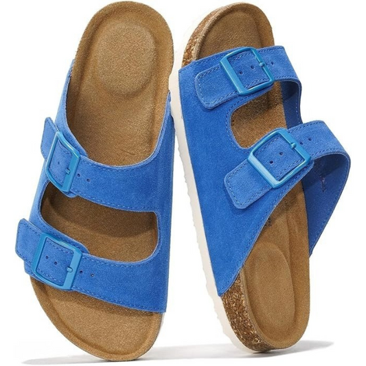 Leather Flat Sandals With Adjustable Buckle Straps And Textured Sole
