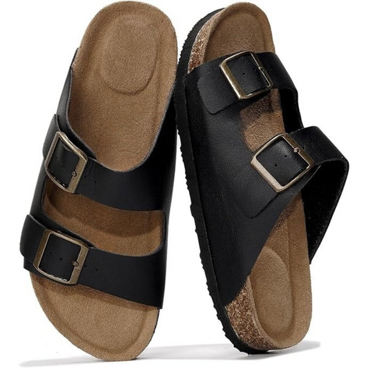 Leather Flat Sandals With Adjustable Straps And Cushioned Footbed