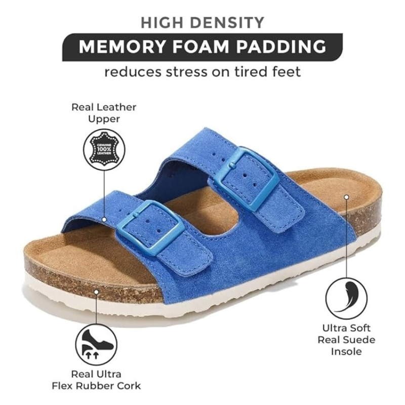 Leather Flat Sandals With Adjustable Buckle Straps And Textured Sole