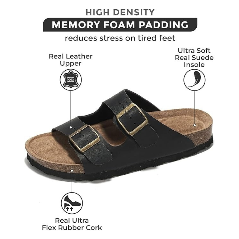 Leather Flat Sandals With Adjustable Straps And Cushioned Footbed