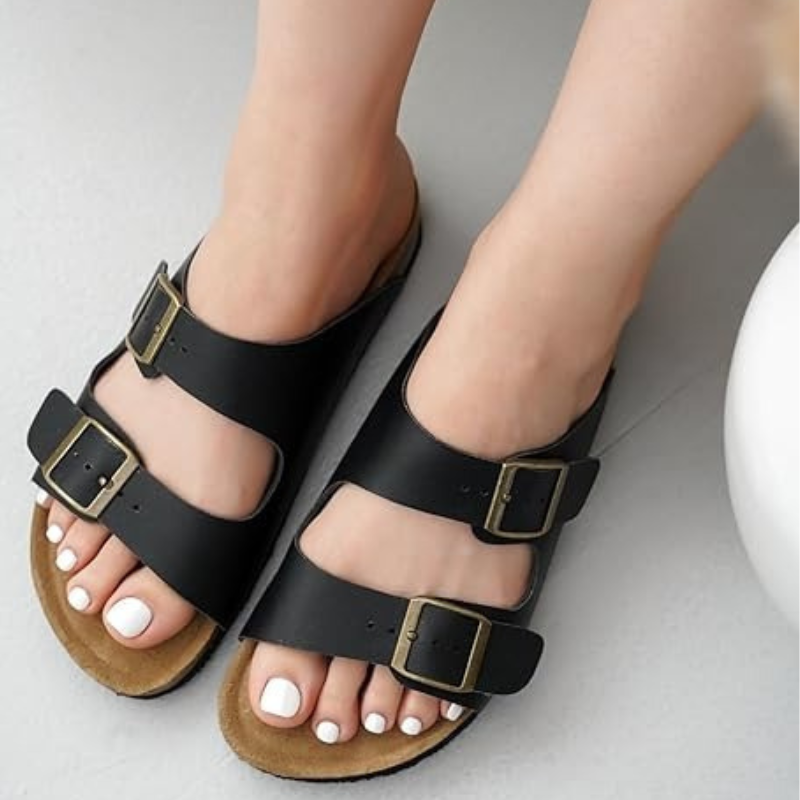 Leather Flat Sandals With Adjustable Straps And Cushioned Footbed