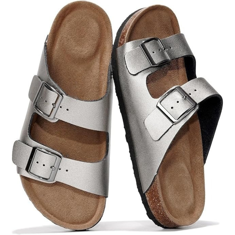 Leather Flat Sandals With Adjustable Buckle Straps And Textured Sole