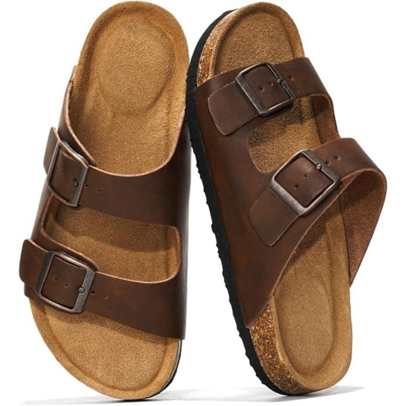 Leather Flat Sandals With Adjustable Buckle Straps And Textured Sole