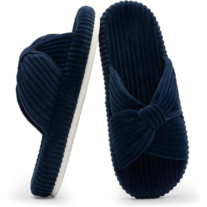 Corduroy Bow Crossbands Slip On Slippers