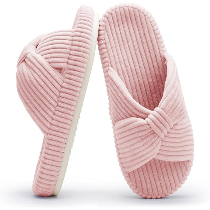 Corduroy Bow Crossbands Slip On Slippers