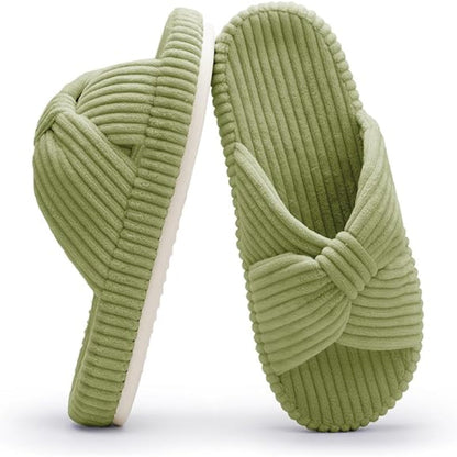 Corduroy Bow Crossbands Slip On Slippers