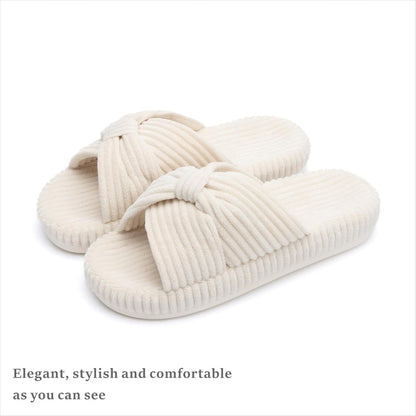 Corduroy Bow Crossbands Slip On Slippers