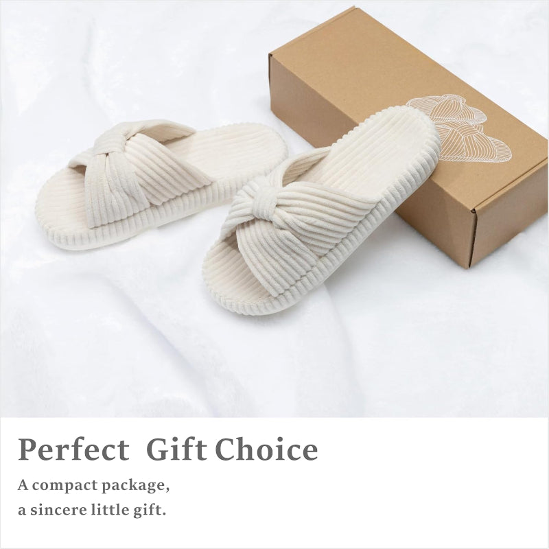 Corduroy Bow Crossbands Slip On Slippers