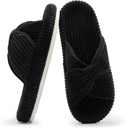 Corduroy Bow Crossbands Slip On Slippers