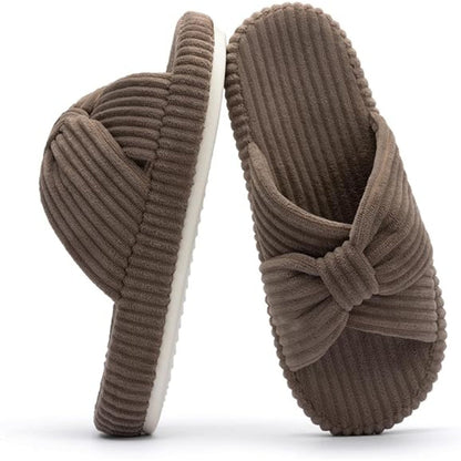 Corduroy Bow Crossbands Slip On Slippers